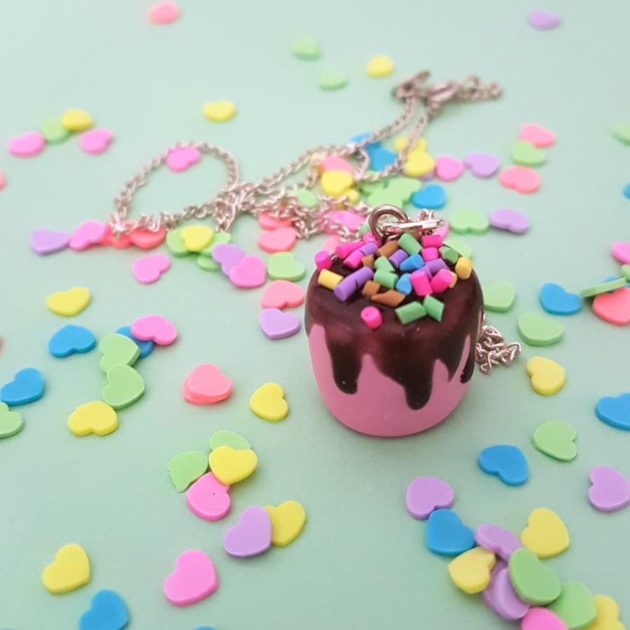Mini Chocolate drip cake with sprinkles necklace