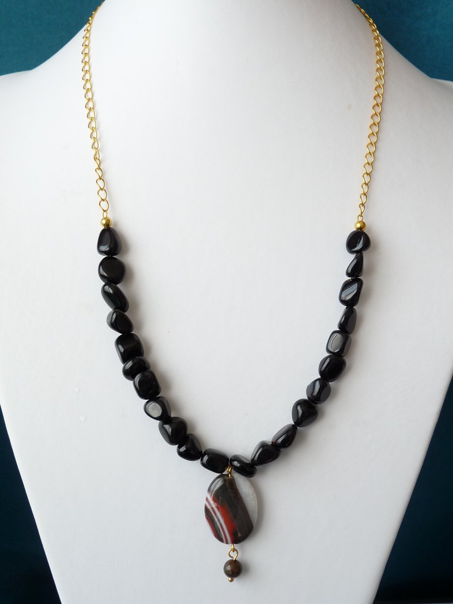 Black Onyx & Red Striped Agate Pendant Necklace - Handmade - Genuine Gemstone
