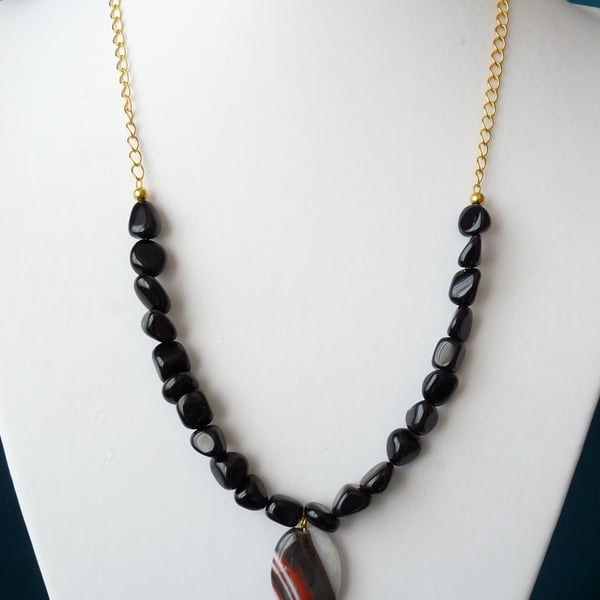 Black Onyx & Red Striped Agate Pendant Necklace - Handmade - Genuine Gemstone