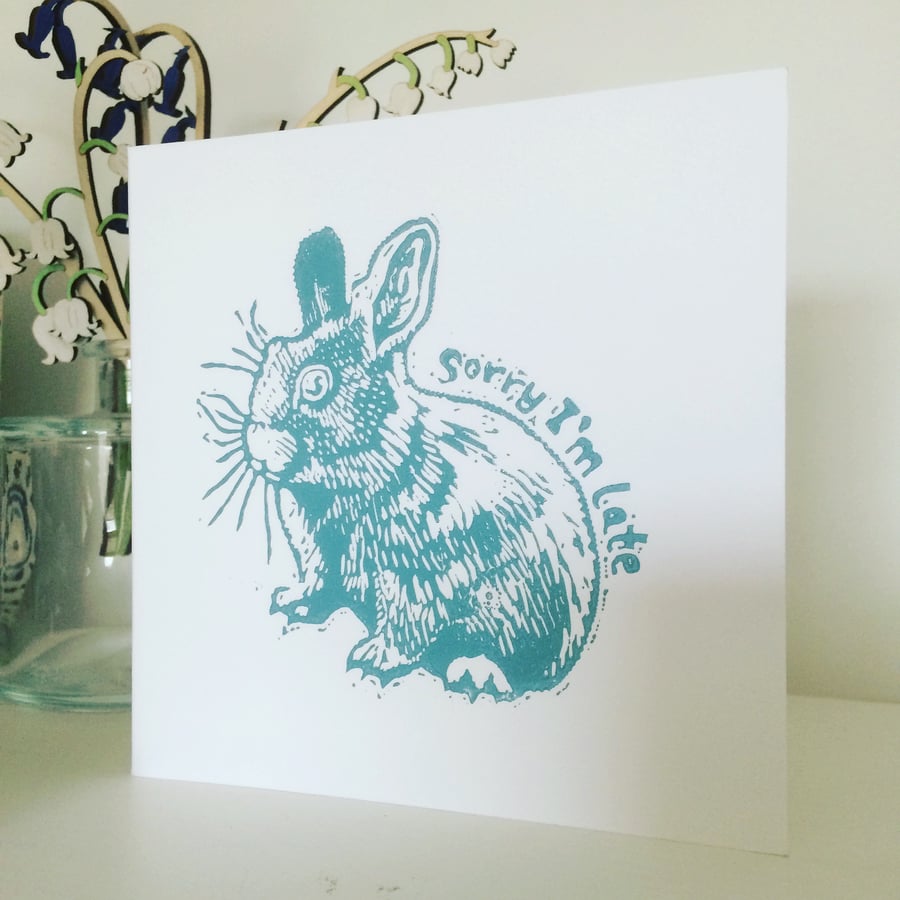 ‘Sorry I’m Late’ Bunny Rabbit linocut handpressed card