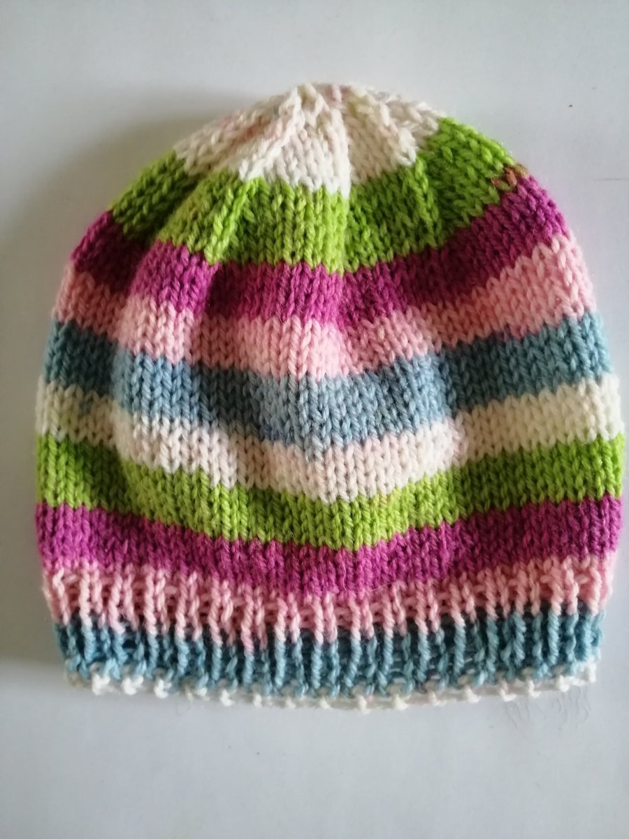 3-6 months hand knitted baby girls striped beanie hat
