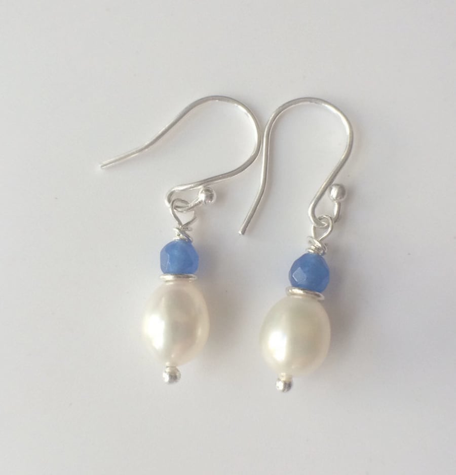 Blue Sapphire White Pearl Sterling Silver Dangle Earrings 
