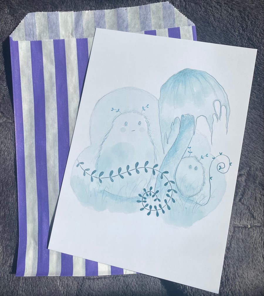 Blue Mushroom Postcard Size Print, A6