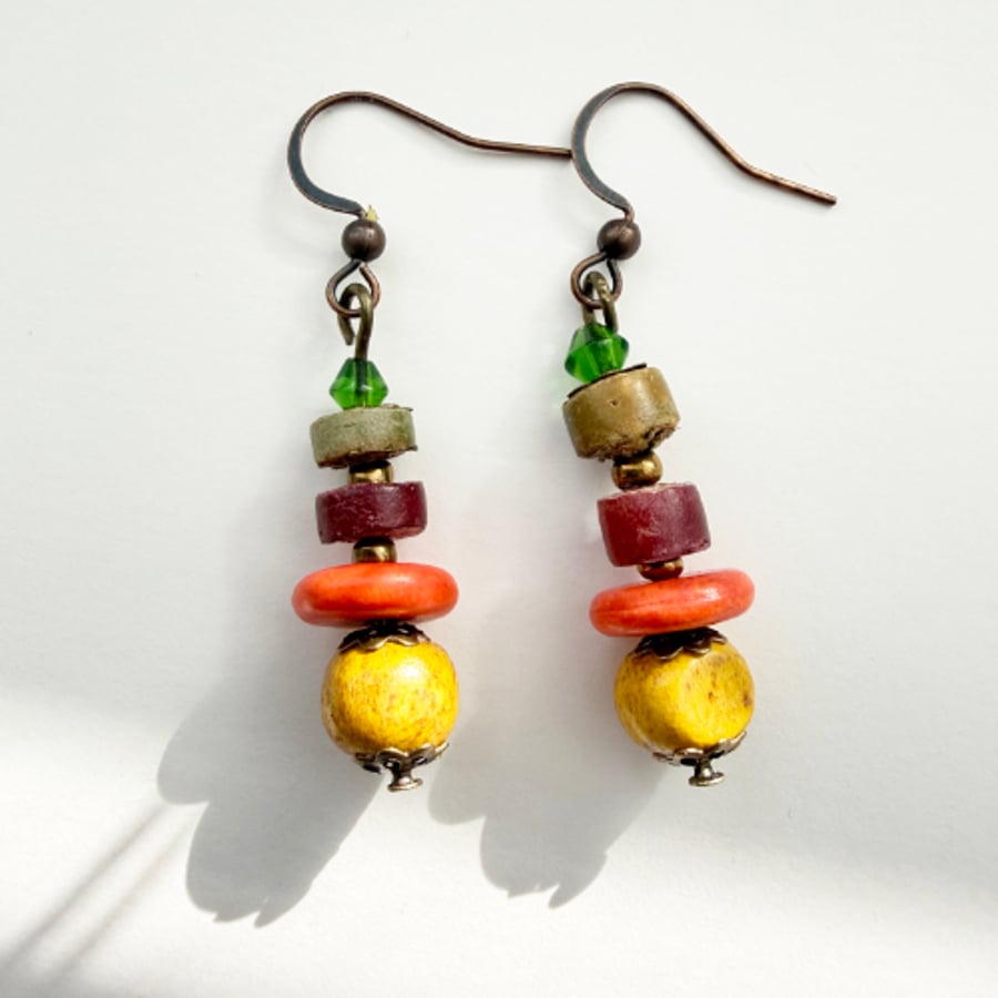 Yellow Orange Brown and Green Boho Style Dangle Drop Earrings