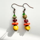 Yellow Orange Brown and Green Boho Style Dangle Drop Earrings