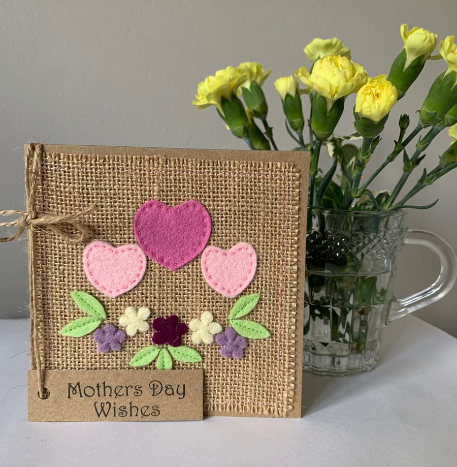 Mother’s  Day Card. Hearts and flowers. Wool felt. Handmade card.