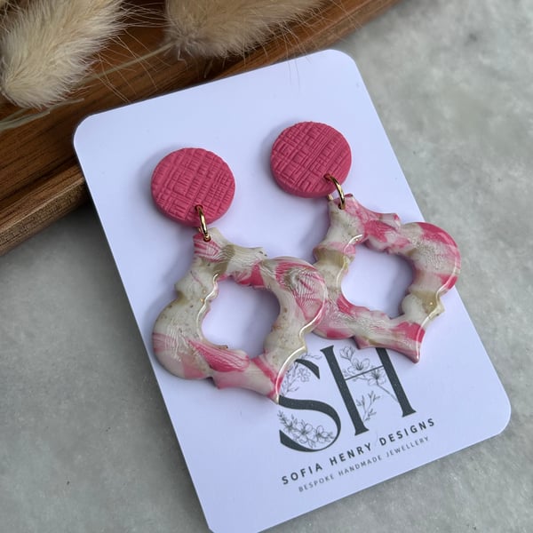 Moroccan-Inspired marbled effect polymer clay dangle studs