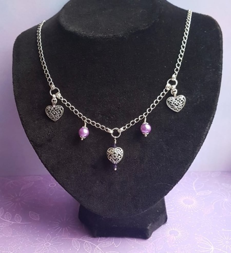 Gorgeous Hearts and purple beads Necklace