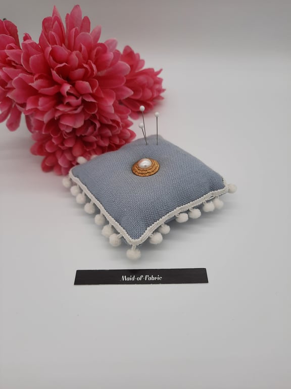 Pin cushion in blue with white bobble trim. Free uk delivery.  