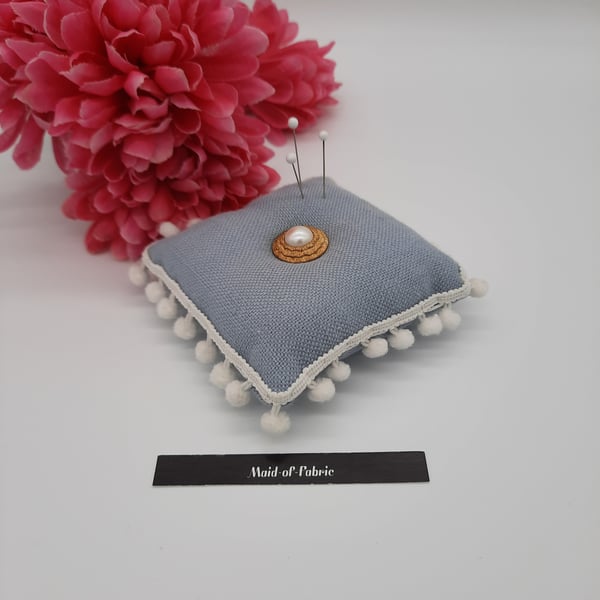 Pin cushion in blue with white bobble trim. Free uk delivery.  