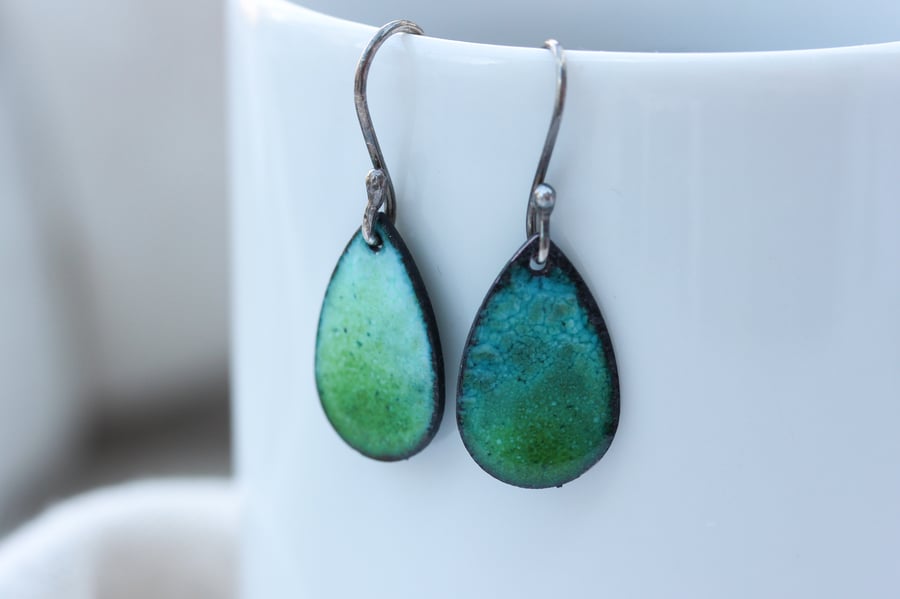 Coloured Enamel teardrop dangly earrings -lime green, turquoise, pale blue, pink