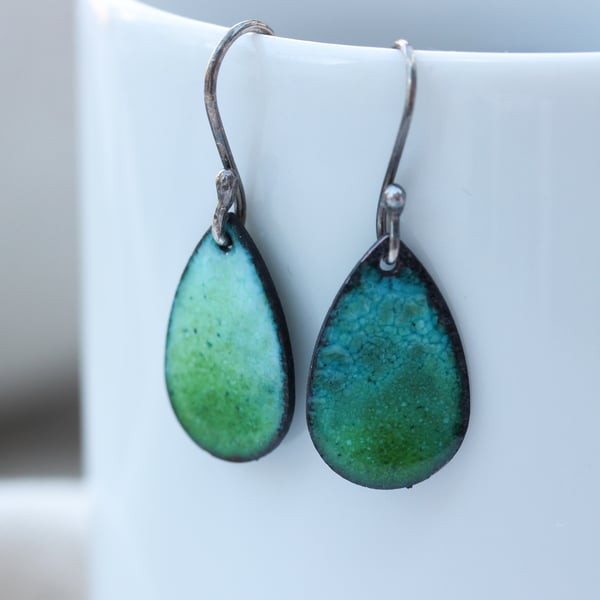 Coloured Enamel teardrop dangly earrings -lime green, turquoise, pale blue, pink