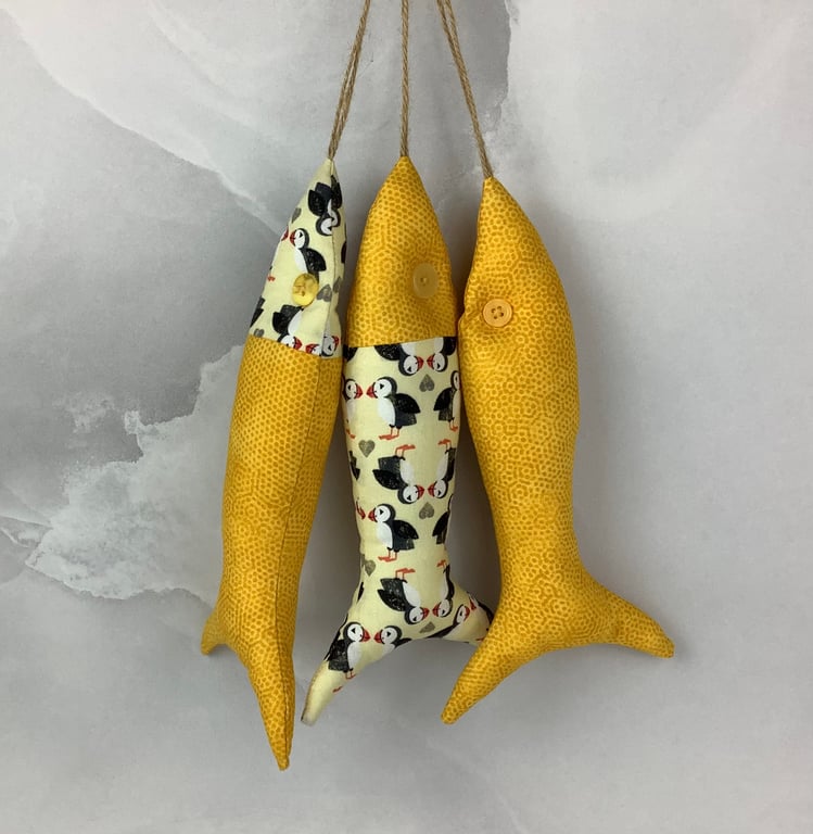 Puffins hanging fabric fish set, Handmade