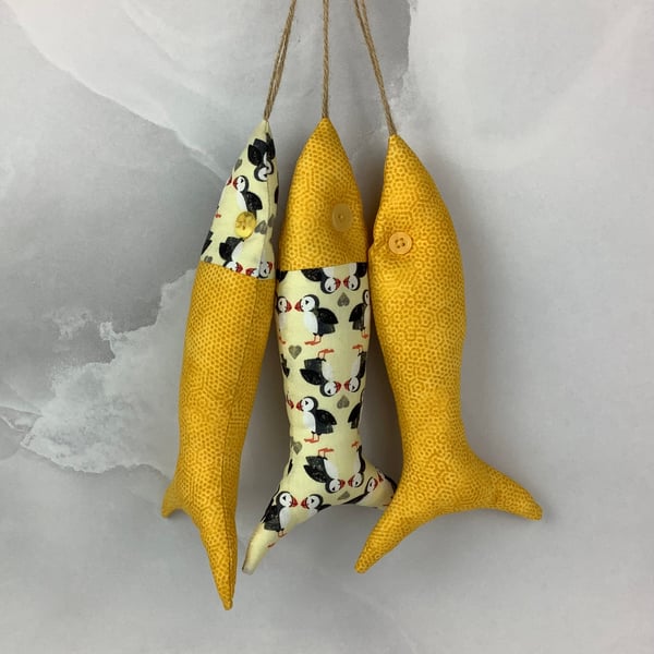 Puffins hanging fabric fish set, Handmade