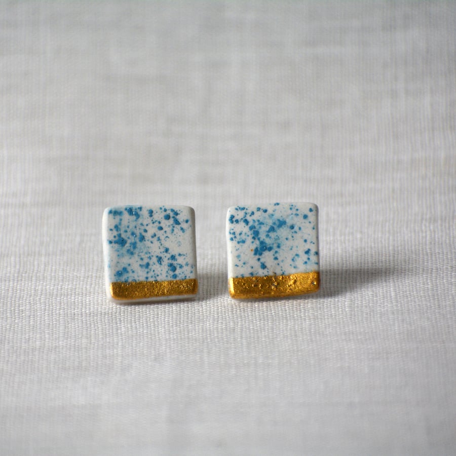 Square porcelain earrings with turquoise detail and gold leaf
