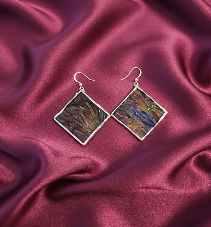 Handmade Stained Glass Dangle Earrings: Dark blue Textured Geometric Jewelry