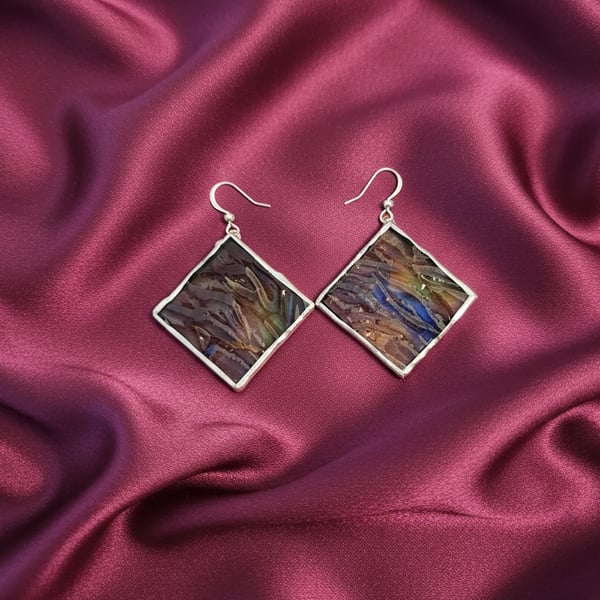 Handmade Stained Glass Dangle Earrings: Dark blue Textured Geometric Jewelry
