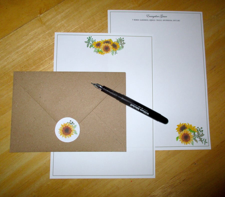 Sunflower Writing Paper Set - 20 Pieces - Optional Personalisation - Stationery
