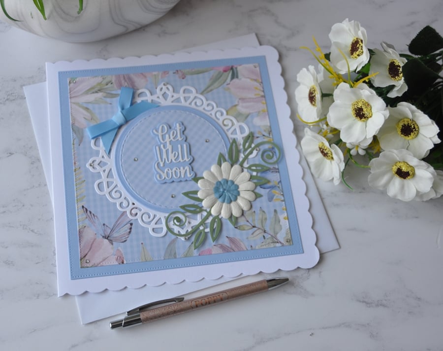 Get Well Soon Blue White Daisy Flower 3D Luxury Handmade Card