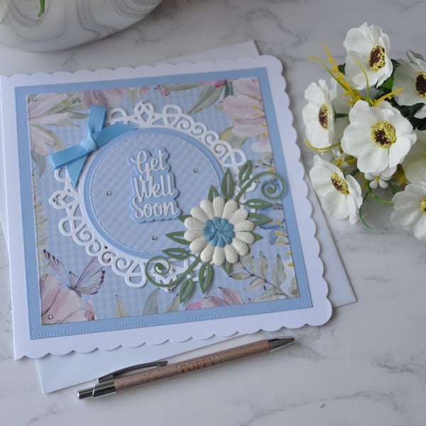 Get Well Soon Blue White Daisy Flower 3D Luxury Handmade Card
