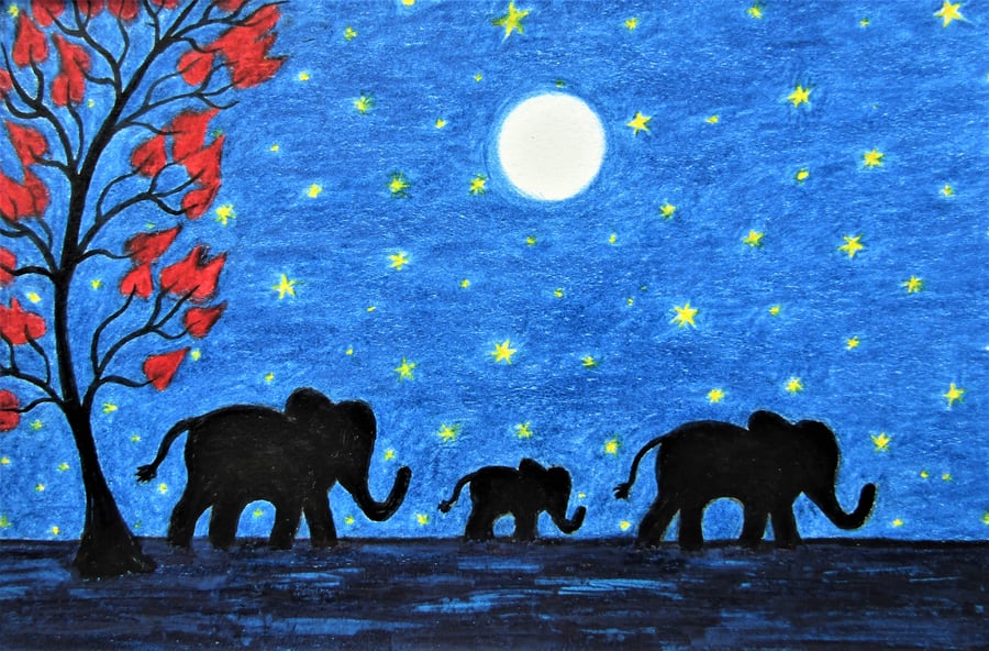 Elephants Card, Moon Stars Baby Elephant Card, Family Art Card