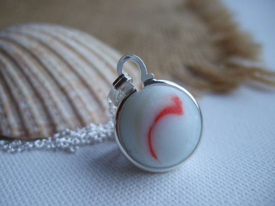 Sea glass marble necklace in red opaque white, Wales red white sea glass marble 