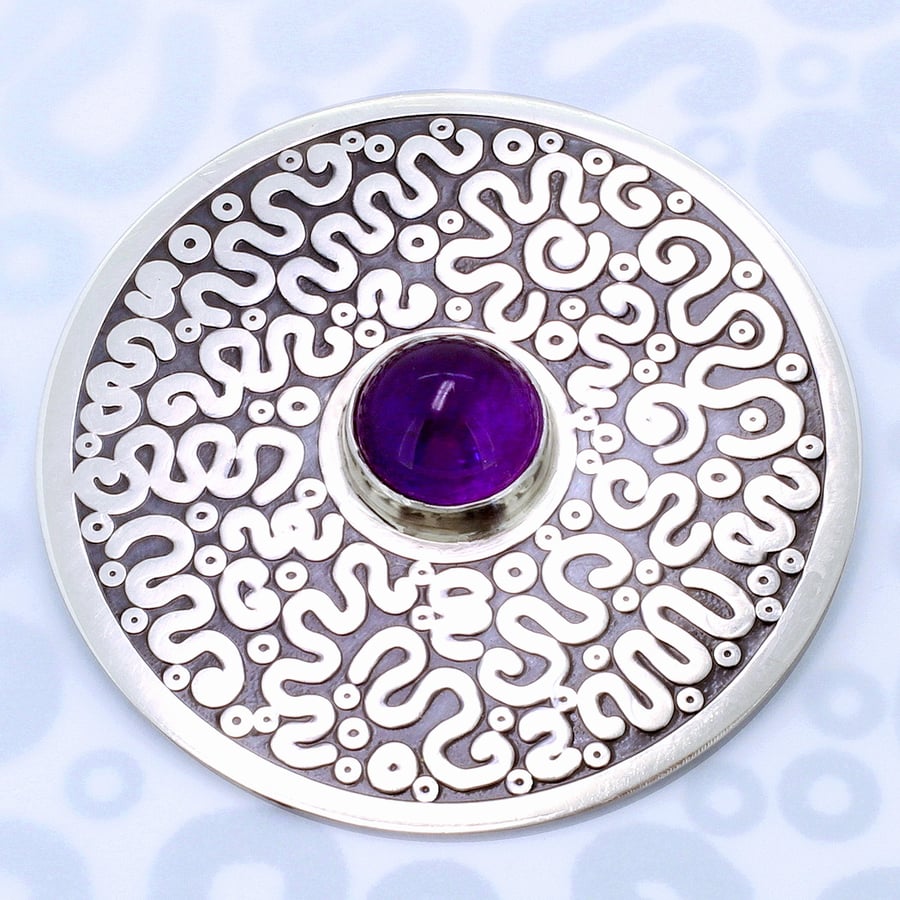 Unique squiggle pattern brooch, handmade sterling silver, 10mm Amethyst gemstone