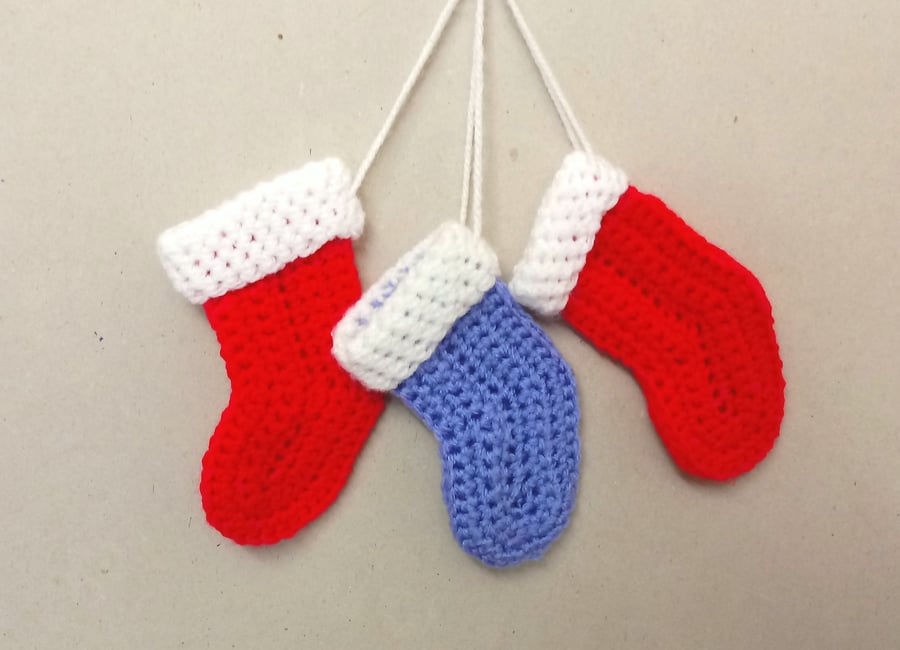 Mini Christmas stockings in red and blue, set of three, handmade