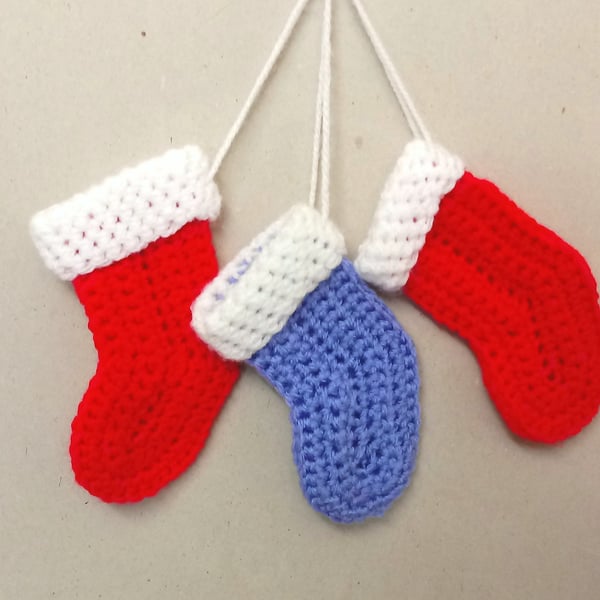 Mini Christmas stockings in red and blue, set of three, handmade