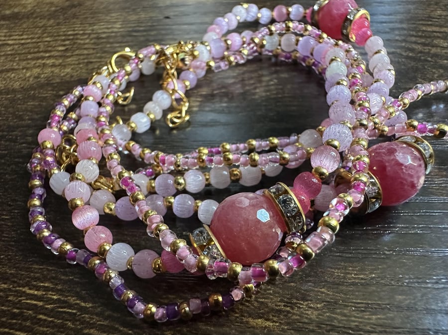 Handmade Bracelet Pink Glass Beads with Golden Chain High Quality