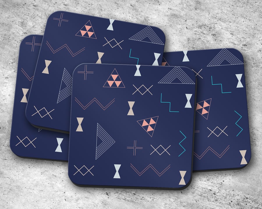 Set of 4 Navy Blue Kilim Design Coasters