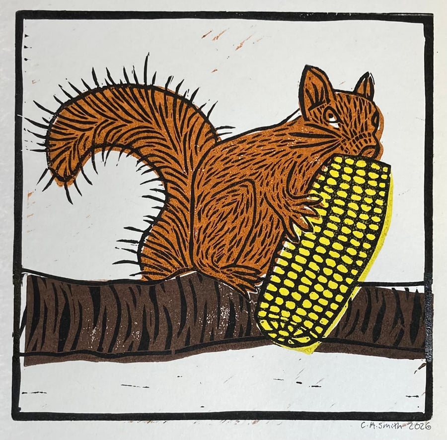Red Squirrel eating sweetcorn, Lino print, 'Perfectly Imperfect'