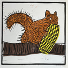 Red Squirrel eating sweetcorn, Lino print, 'Perfectly Imperfect'