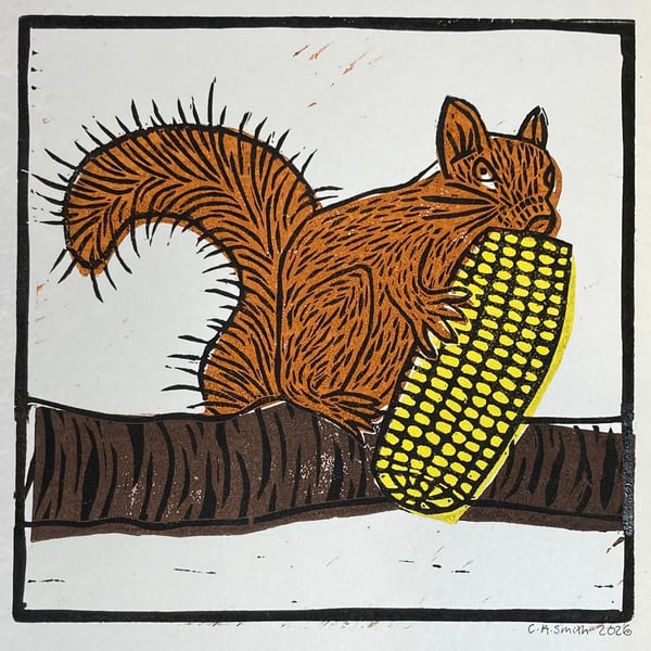 Red Squirrel eating sweetcorn, Lino print, 'Perfectly Imperfect'