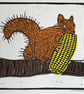 Red Squirrel eating sweetcorn, Lino print, 'Perfectly Imperfect'
