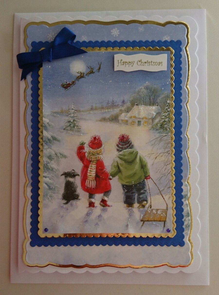 Handmade Christmas Card Children Waving To Santa Reindeer Sleigh