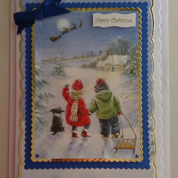 Handmade Christmas Card Children Waving To Santa Reindeer Sleigh