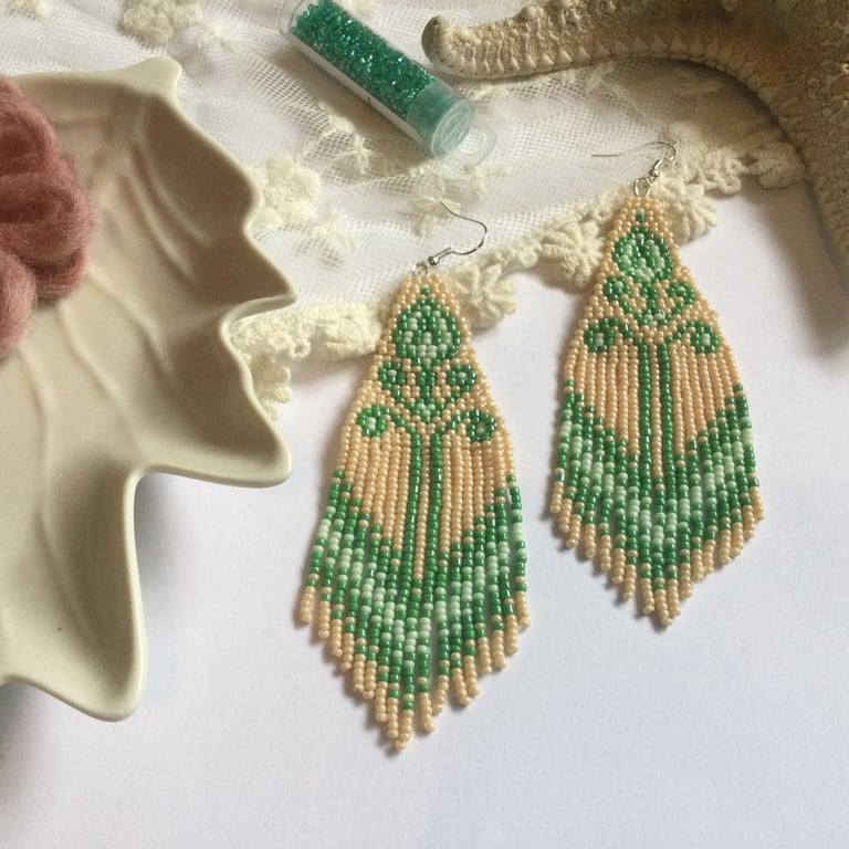 Beaded earrings ,Folk Art inspired handwoven beaded fringe earrings