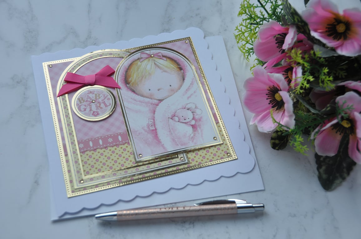 Baby Girl Card Pink Bunny Rabbit New Baby Blanket Flowers 3D Luxury Handmade