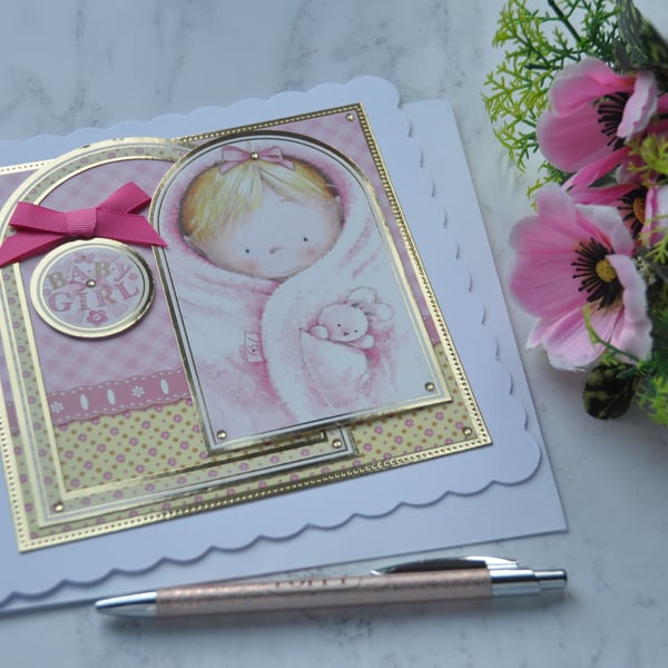 Baby Girl Card Pink Bunny Rabbit New Baby Blanket Flowers 3D Luxury Handmade