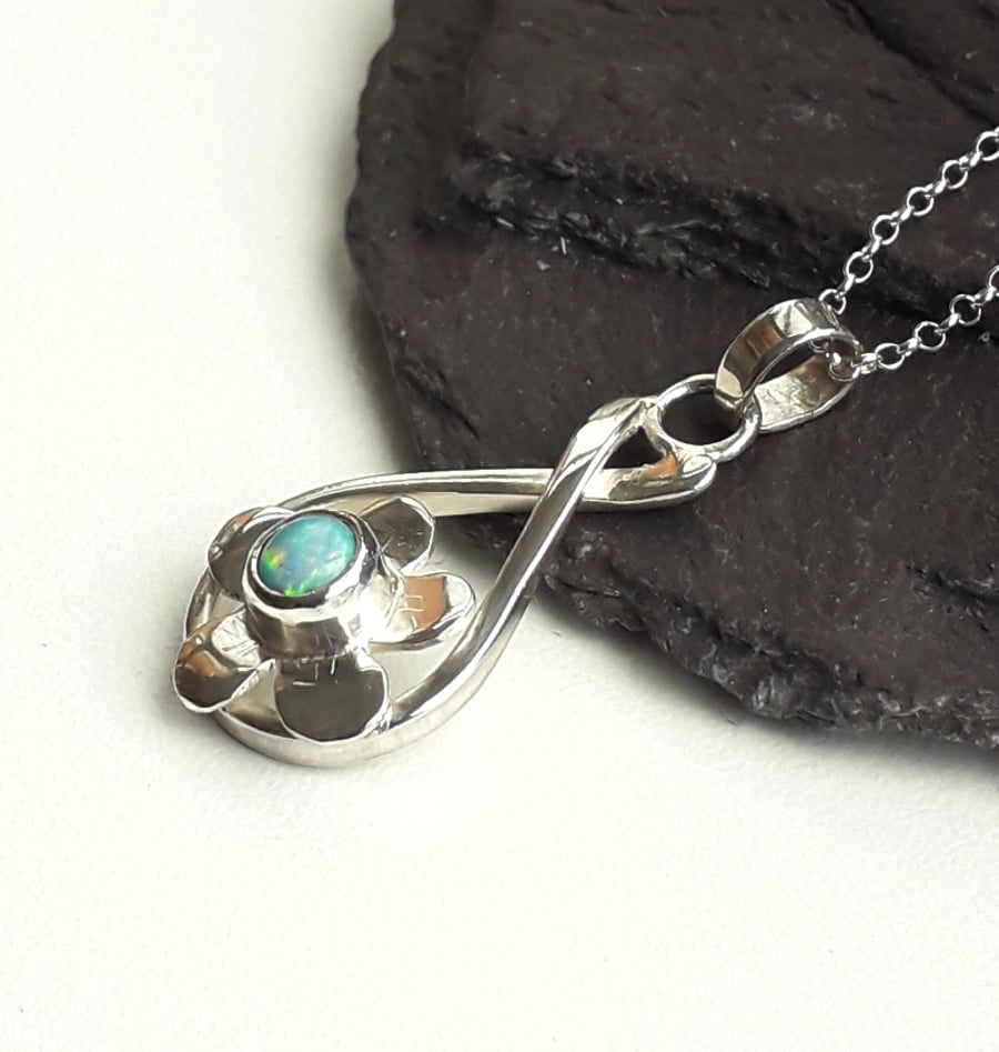 Opal Necklace Flower Pendant Raindrop Style Sterling Silver Hallmarked