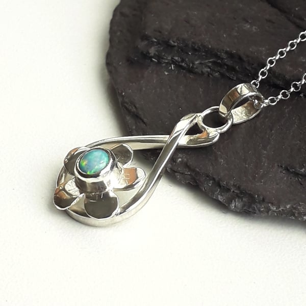 Opal Necklace Flower Pendant Raindrop Style Sterling Silver Hallmarked