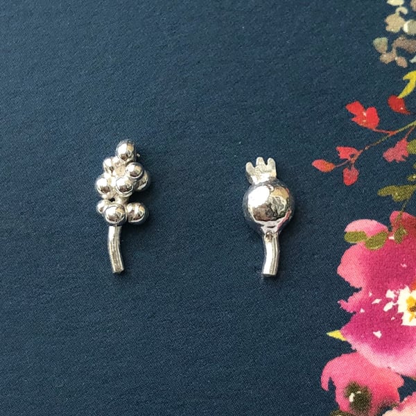 Mismatched Lavender And Poppy Seed Head Earrings