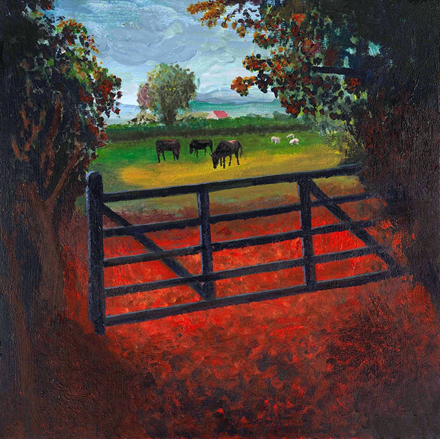 View over the farm gate of cattle grazing,  print copy of original art
