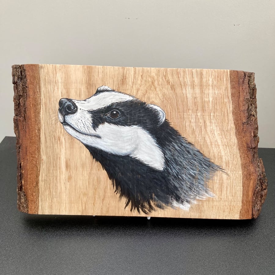 Badger original painting on Oak wood