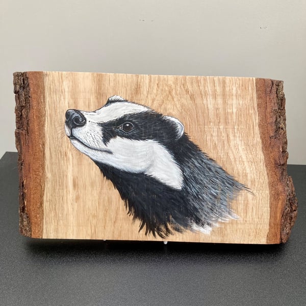 Badger original painting on Oak wood