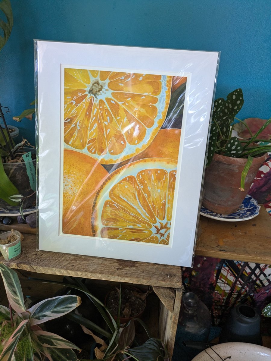 Oranges Fine Art Print, Vibrant Contemporary Fruit Still Life, A4 Mounted Art 