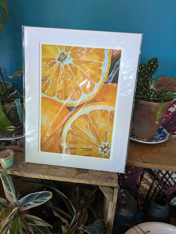 Oranges Fine Art Print, Vibrant Contemporary Fruit Still Life, A4 Mounted Art 