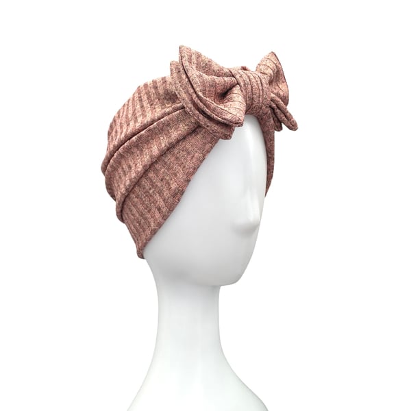 Rose Gold Bow Retro Turban Hat, Soft Knit Jersey Front Knot Turban for Women