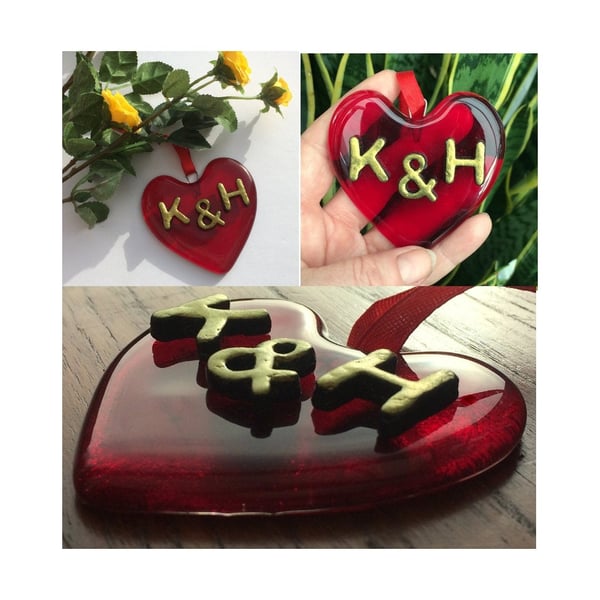Handmade Fused Glass Red Love Heart Hanging Decoration - Personalised Suncatcher